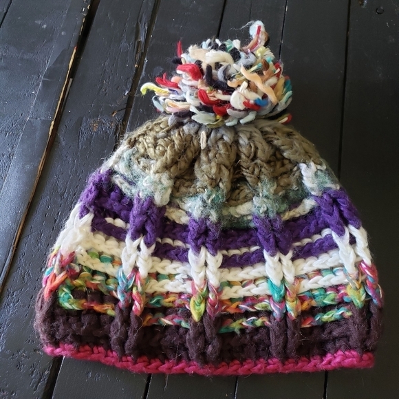 Boho Chunky Knit Beanie Women's One Size Colorful Multicolor Purple Ivory Fall - Picture 5 of 5